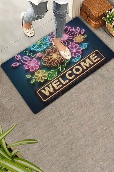 Valerine Life Neon Papatya Çiçekleri Welcome Kapı Önü Paspası 45x70cm