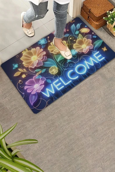 Valerine Life Neon Nilüfer Çiçekleri Welcome Kapı Önü Paspası 45x70cm