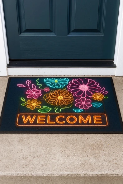 Valerine Life Neon Papatya Çiçekleri Kaymaz Tabanlı Hoş Geldiniz Welcome Kapı Önü Paspası 45x70cm ürün görseli