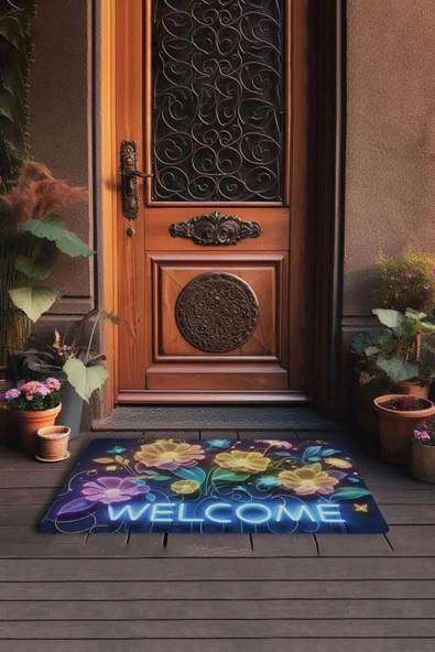Valerine Life Neon Nilüfer Çiçekleri Welcome Kapı Önü Paspası 45x70cm - Resim 3