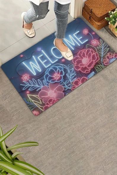Valerine Life Neon Zambak Çiçekleri Welcome Kapı Önü Paspası 45x70cm ürün görseli