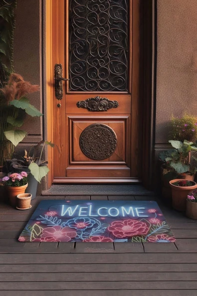 Valerine Life Neon Zambak Çiçekleri Welcome Kapı Önü Paspası 45x70cm - Resim 3
