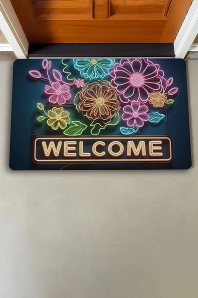 Valerine Life Neon Papatya Çiçekleri Welcome Kapı Önü Paspası 45x70cm - 2