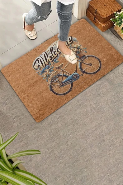 Valerine Life Vintage Çiçekler ve Bisiklet Welcome Kapı Önü Paspası 45x70cm ürün görseli