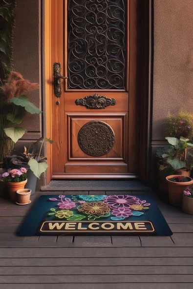 Valerine Life Neon Papatya Çiçekleri Welcome Kapı Önü Paspası 45x70cm - 3