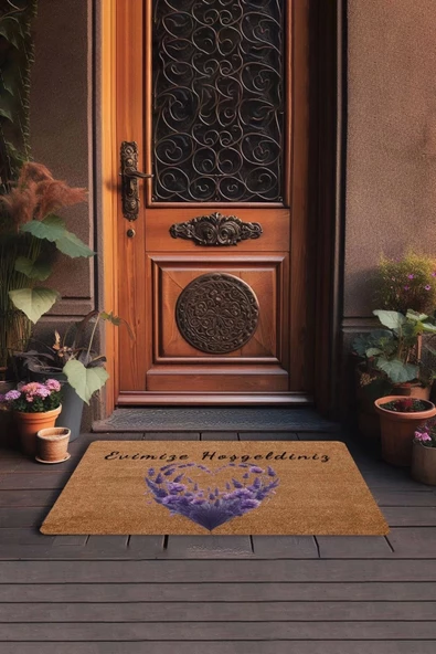 Valerine Life Kalp Çemberi Lavanta Evimize Hoş Geldiniz Kapı Önü Paspası 45x70cm - Resim 3