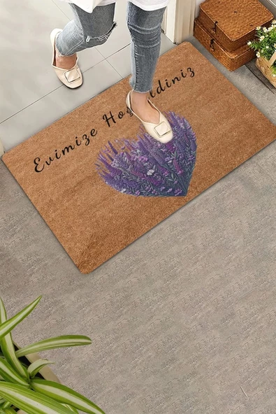 Valerine Life Kalpli Lavanta Evimize Hoş Geldiniz Welcome Kapı Önü Paspası 45x70cm - Resim 3