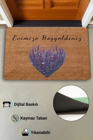 Valerine Life Kalpli Lavanta Evimize Hoş Geldiniz Welcome Kapı Önü Paspası 45x70cm - Resim 2