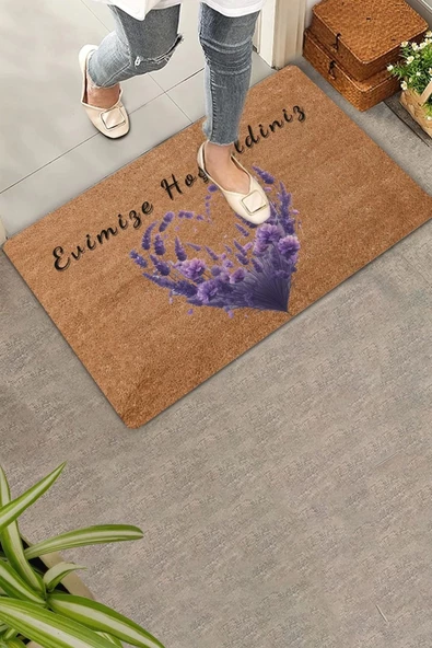 Valerine Life Kalp Çemberi Lavanta Evimize Hoş Geldiniz Kapı Önü Paspası 45x70cm