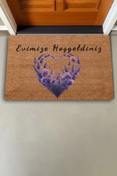 Valerine Life Kalp Çemberi Lavanta Evimize Hoş Geldiniz Kapı Önü Paspası 45x70cm - Resim 2