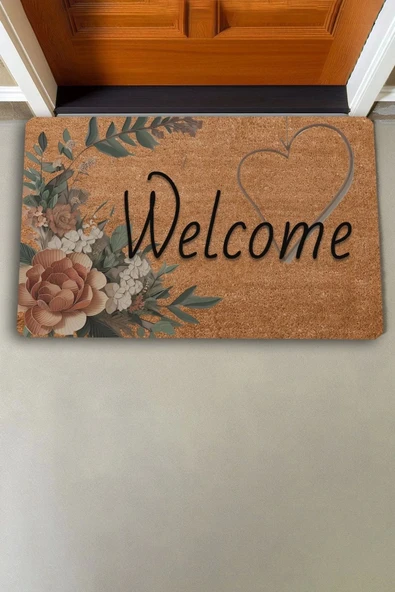 Valerine Life Vintage Kahverengi Zambak ve Kalp Welcome Kapı Önü Paspası 45x70cm - 2