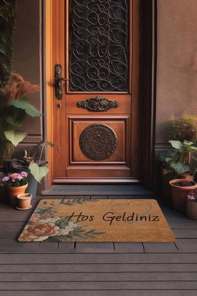 Valerine Life Vintage Kahverengi Zambak ve Kalp Hoş Geldiniz Kapı Önü Paspası 45x70cm - 3