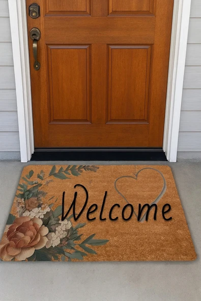 Valerine Life Vintage Kahverengi Zambak ve Kalp Kaymaz Hoş Geldiniz Welcome Kapı Önü Paspası 45x70cm ürün görseli