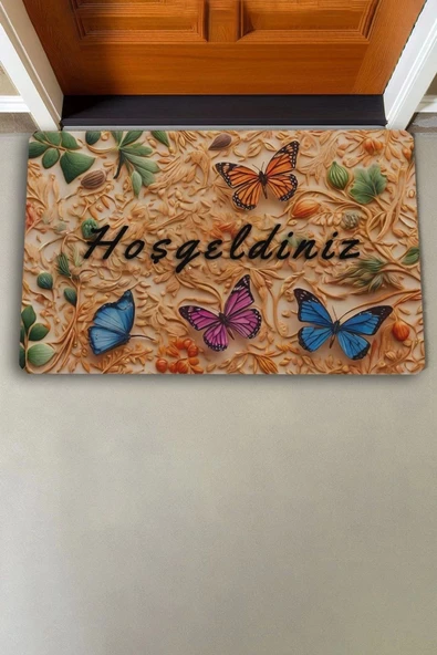 Valerine Life Ahşap Oyma Temalı Kelebekli Hoş Geldiniz Kapı Önü Paspası 45x70cm - Resim 2