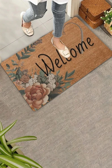 Valerine Life Vintage Kahverengi Zambak ve Kalp Welcome Kapı Önü Paspası 45x70cm