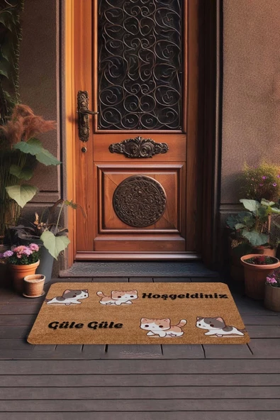 Valerine Life Sarı Siyah Yavru Kediler Hoş Geldiniz ve Güle Güle Kapı Önü Paspası 45x70cm - Resim 3