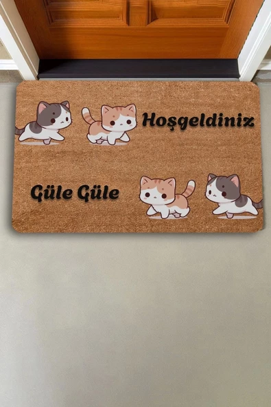 Valerine Life Sarı Siyah Yavru Kediler Hoş Geldiniz ve Güle Güle Kapı Önü Paspası 45x70cm - Resim 2