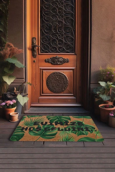 Valerine Life Yeşil Palmiye Yaprakları Evimize Hoş Geldiniz Kapı Önü Paspası 45x70cm - Resim 3
