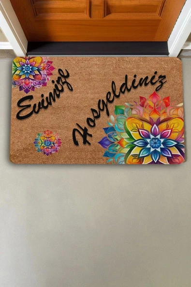 Valerine Life Mandala Turuncu Kırmızı Evimize Hoş Geldiniz Kapı Önü Paspası 45x70cm - Resim 2