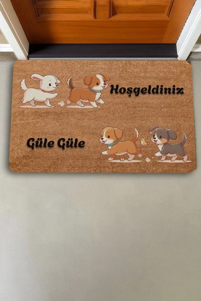 Valerine Life İkili Sevimli Yavru Köpekler Hoş Geldiniz ve Güle Güle Kapı Önü Paspası 45x70cm - 2