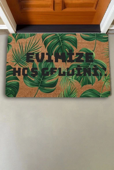 Valerine Life Yeşil Palmiye Yaprakları Evimize Hoş Geldiniz Kapı Önü Paspası 45x70cm - Resim 2
