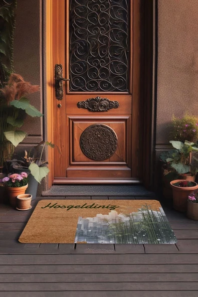 Valerine Life Metropol ve Bambu Temalı Hoş Geldiniz Kapı Önü Paspası 45x70cm - Resim 3