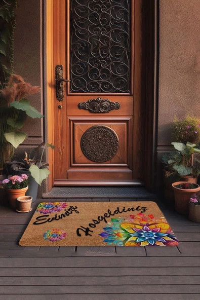 Valerine Life Mandala Turuncu Kırmızı Evimize Hoş Geldiniz Kapı Önü Paspası 45x70cm - Resim 3