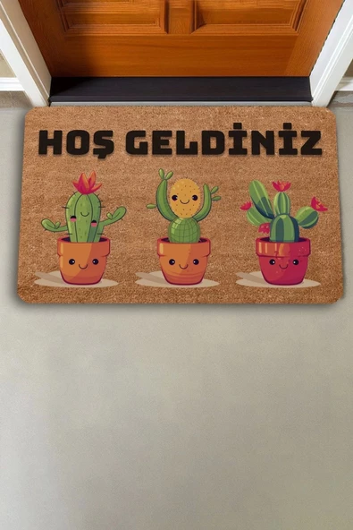 Valerine Life Opuntia Tavşan Kulağı Üçlü Sevimli Kaktüsler Hoş Geldiniz Kapı Önü Paspası 45x70cm - Resim 2