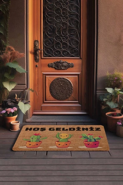 Valerine Life Opuntia Tavşan Kulağı Üçlü Sevimli Kaktüsler Hoş Geldiniz Kapı Önü Paspası 45x70cm - Resim 3