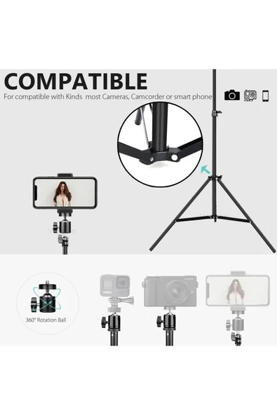 2.1 Metre Tripod – 3in1 360° Döner Başlıklı Telefon Tutucu, Ring Light ve Stüdyo Lamba Ayağı Stand - 3