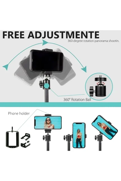2.1 Metre Tripod – 3in1 360° Döner Başlıklı Telefon Tutucu, Ring Light ve Stüdyo Lamba Ayağı Stand - 4