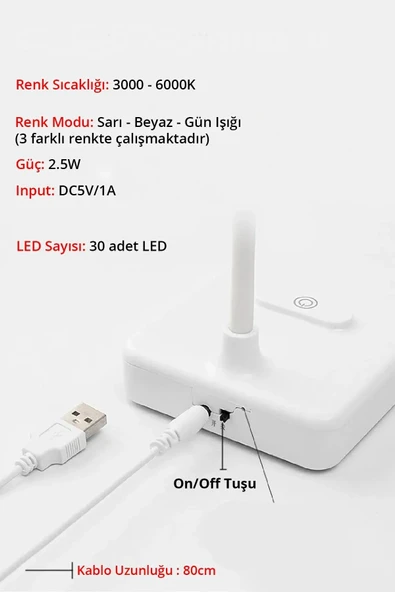 Şarjlı Dokunmatik Masa Lambası – USB Kablolu, 3 Renk Işık, Dimmer Ayarlı 30 LED Okuma ve Çalışma Işığı - 3