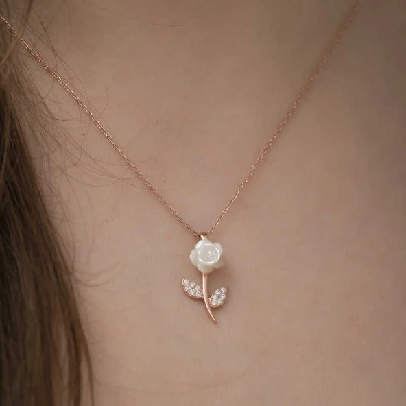 Himarry 925 Ayar Gümüş Rose Beyaz Gül Kadın Gümüş Kolye - Resim 2
