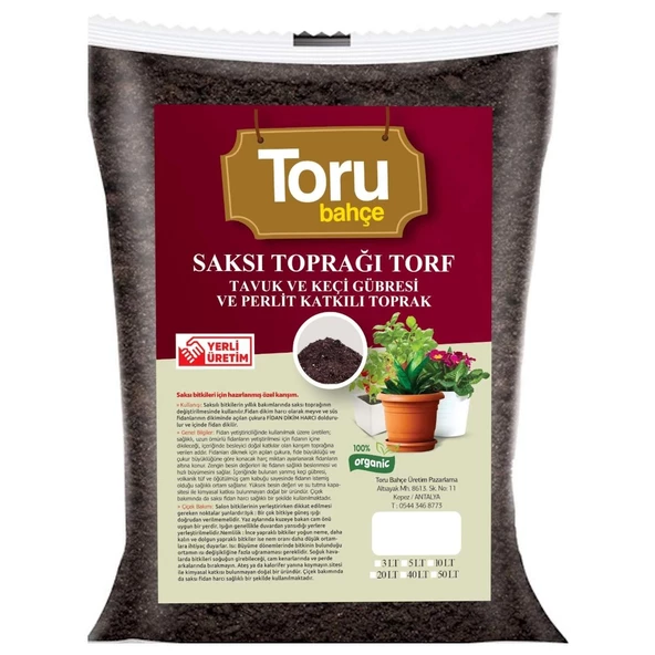 Toru Bahçe Saksı ve Bahçe Toprağı Torf Tavuk Keçi Gübreli ve Perlit Katkılı Toprak 50 lt