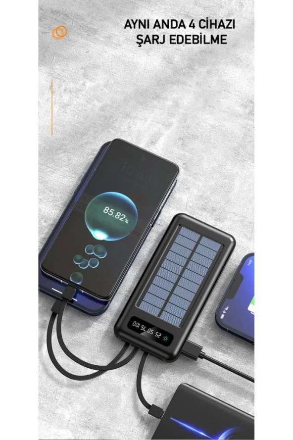 Solar 10.000 Mah Güneş Enerjili Led Işıklı Powerbank Şarj Aleti 2 Usb Çıkışlı Micro Type-c Lightning