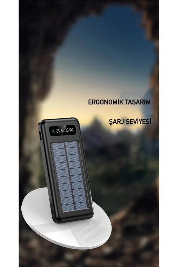 Solar 20.000 Mah Güneş Enerjili Led Işıklı Powerbank Şarj Aleti 2 Usb Çıkışlı Micro Type-c Lightning