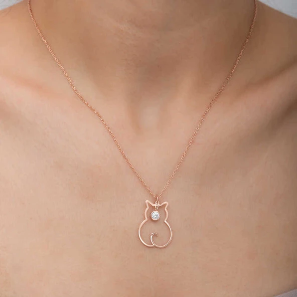 925 Ayar Gümüş Nisan Ayı Doğum Taşı Kedi Kadın Kolye - 2