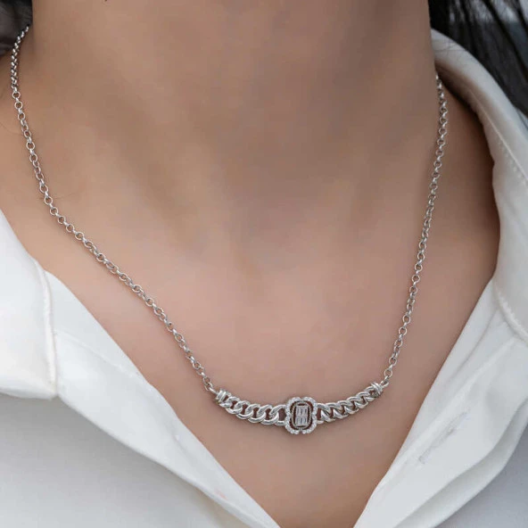 925 Ayar Gümüş Gurmet Zincirli Baget Taşlı Kadın Kolye - Resim 2