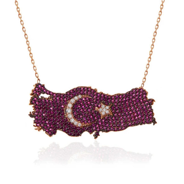 925 Ayar Gümüş Rose Ay Yıldız Türkiye Haritası Kadın Kolye ürün görseli 1