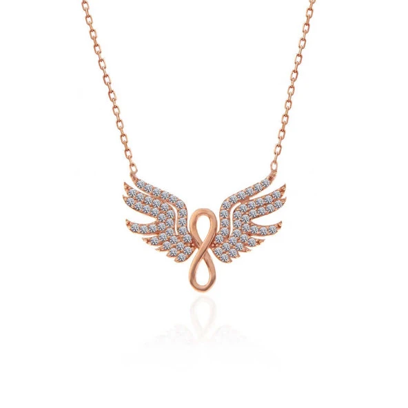 925 Ayar Gümüş Rose Melek Kanadı Sonsuzluk Kadın Kolye - Resim 2