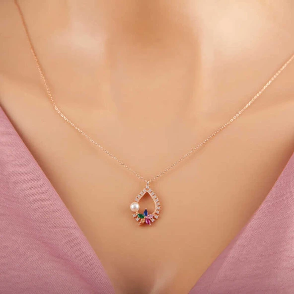 925 Ayar Gümüş Rose Renkli Taşlı Çiçekli Kadın Kolye ürün görseli 1