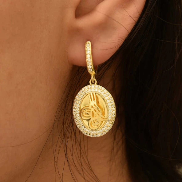 Gümüş Tuğralı Oval Küpe