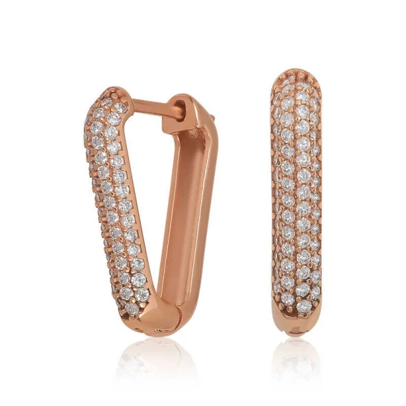 Gümüş Rose Beyaz Taşlı Üçgen Küpe - Resim 2