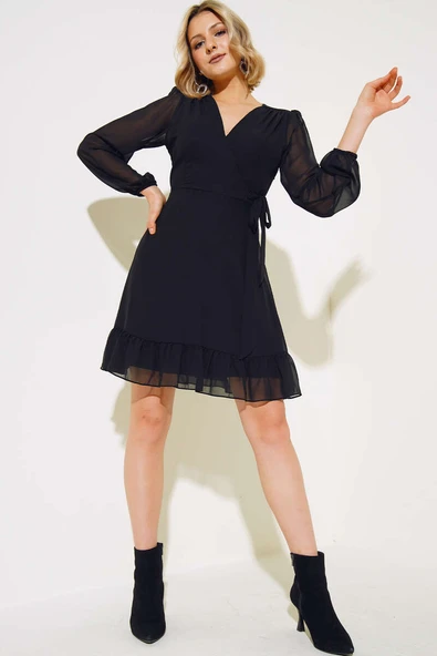 Dekolte Yaka Şifon Elbise Siyah - Resim 2