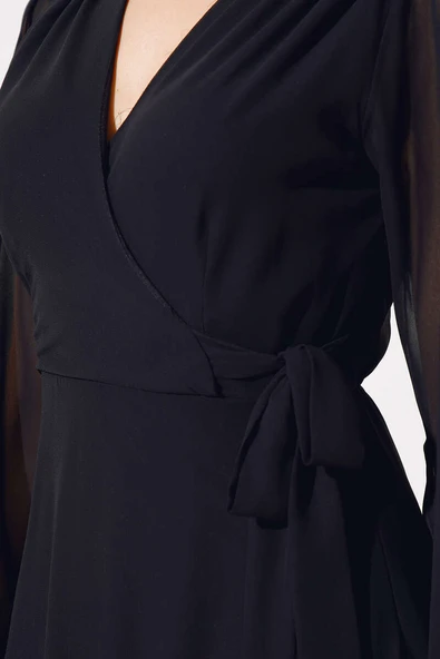 Dekolte Yaka Şifon Elbise Siyah - Resim 4