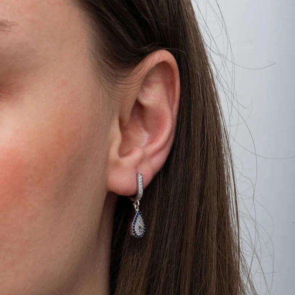 Gümüş Sallantılı Damla Nazar Kadın Küpe - Resim 3