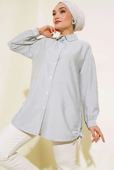 Yandan Büzgülü Çizgili Gömlek Gri ürün görseli 1