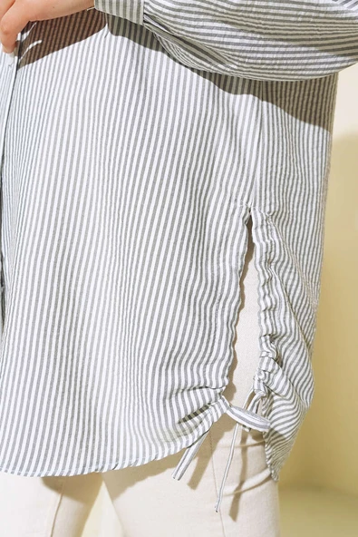 Yandan Büzgülü Çizgili Gömlek Gri - Resim 4