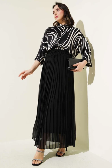 Bel Lastikli Sık Pileli Şifon Etek Siyah - 2