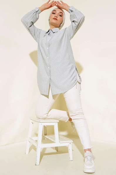 Yandan Büzgülü Çizgili Gömlek Gri - Resim 2